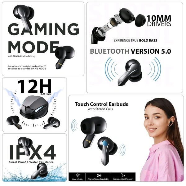 Riviera R010 Gaming TWS Earbuds, with 12 Hours Music Playtime, Bluetooth 5.0, Environmental Noise Cancellation, Type-C Fast Charging, 10mm Bass Drivers, IPX4 Sweat & Waterproof(Black)