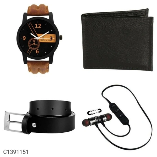 Combo Of Men's Watch , Wallet, Belt And Wireless Bluetooth Earphone with Mics #S099 - *Product Name:* Combo Of Men's Watch , Wallet, Belt And Wireless Bluetooth Earphone with Mic*Details