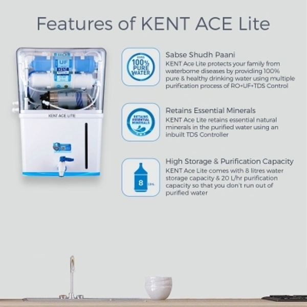 KENT Ace Lite 8 Ltr RO + UF +TDS - 1 Year Manufacturer warranty + 3 yr Service free Installation , npsop