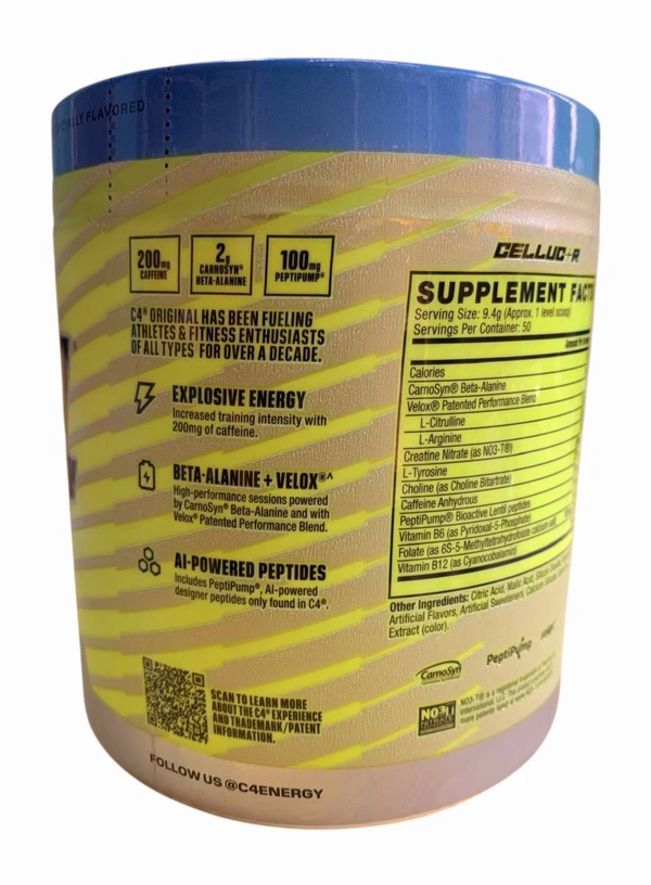 Cellucor C4 Original Pre-Workout *New
Formula* 50 Serv - International - 470g (16.6oz), ICY BLUE RASPBERRY