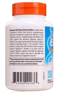 Doctor's Best Betaine Hcl Pepsin & Gentian Bitters (Support Digestive Health)  - 120 Caps 100 grams