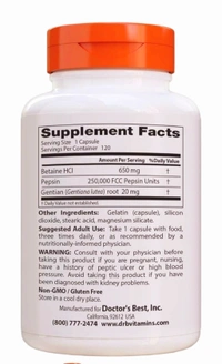 Doctor's Best Betaine Hcl Pepsin & Gentian Bitters (Support Digestive Health)  - 120 Caps 100 grams