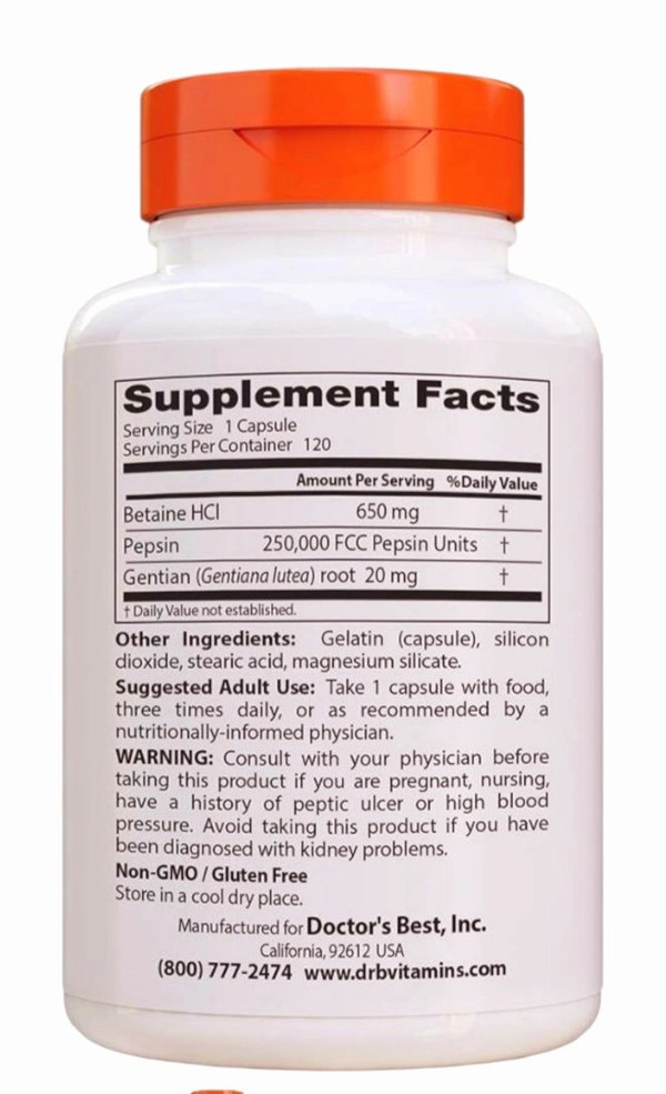 Doctor's Best Betaine Hcl Pepsin & Gentian Bitters (Support Digestive Health)  - 120 Caps 100 grams