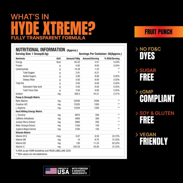ProSupps Hyde Xtreme, Hard-Hitting Energy Pre Workout - (195 g), Fruit Punch