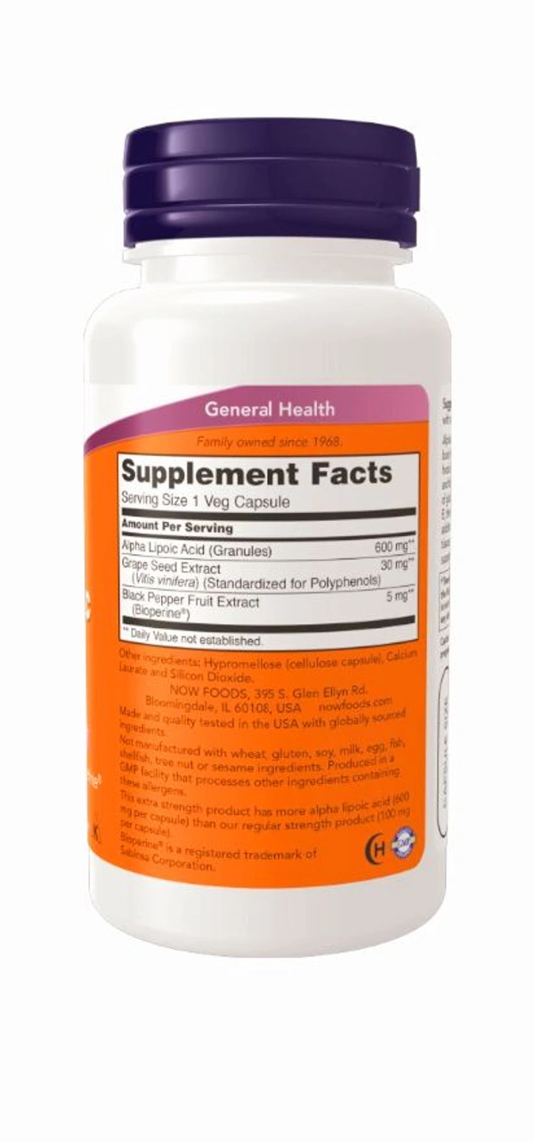 Alpha Lipoic Acid, Extra Strength 600 mg  - 60 Veg Capsules