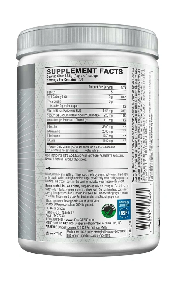 XTEND Original BCAA Powder Airheads Candy Flavor, 7g BCAA and 2.5g L-G - 405g, White Mystery