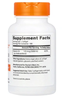 Doctor's Best
Vitamin D3, 125 mcg (5,000 IU),  - 180 Softgels