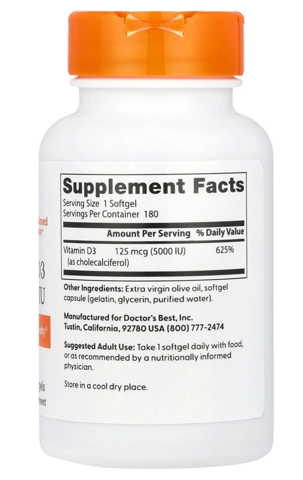Doctor's Best
Vitamin D3, 125 mcg (5,000 IU),  - 180 Softgels