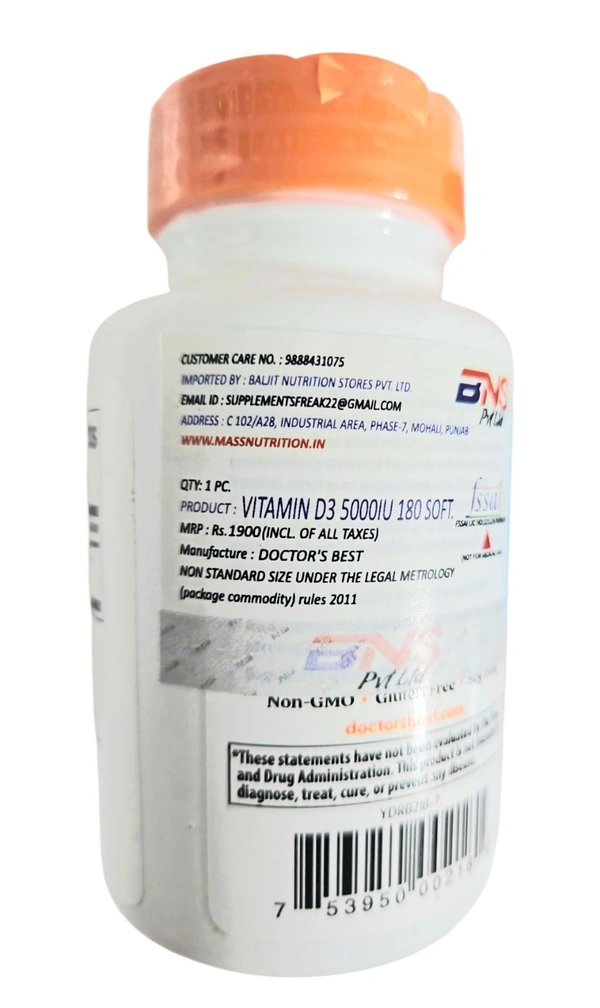 Doctor's Best
Vitamin D3, 125 mcg (5,000 IU),  - 180 Softgels
