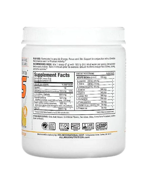 ALLMAX A:CUTS Amino-Charged Energy Drink, - 210g 30SERVINGS, Peach Mango