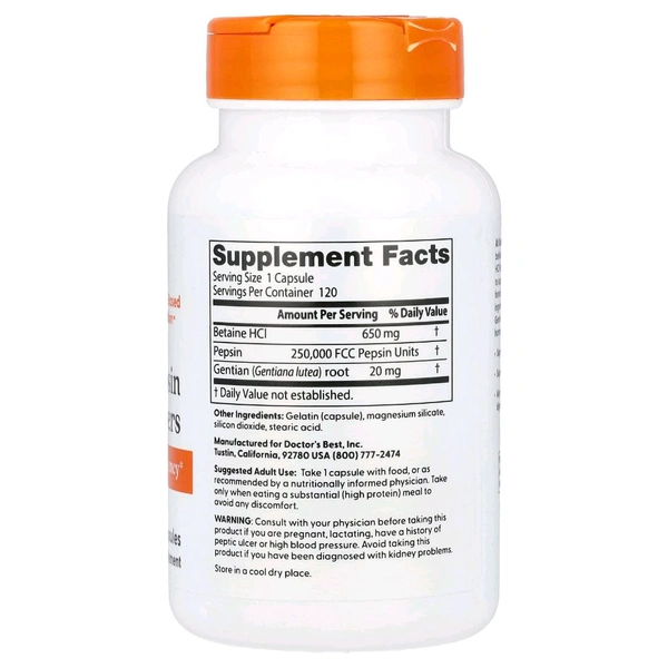Doctor's Best, Betaine HCl Pepsin & Gentian Bitters,  - 120 Capsules
