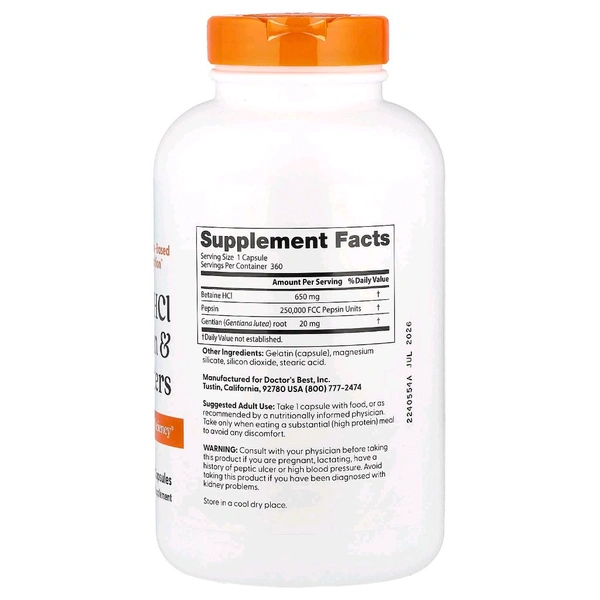 Doctor's Best, Betaine HCl Pepsin & Gentian Bitters,  - 360 Capsules