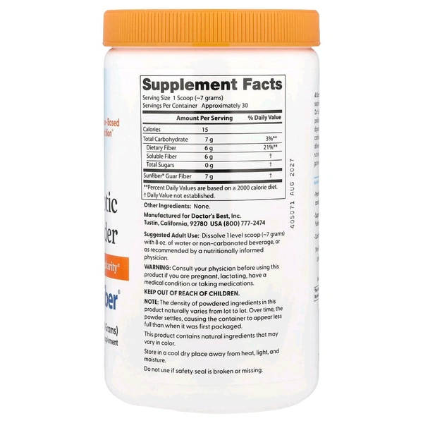 Doctor's Best, Prebiotic Powder, Sunfiber, Unflavored,  - 7.4 oz (210 g)