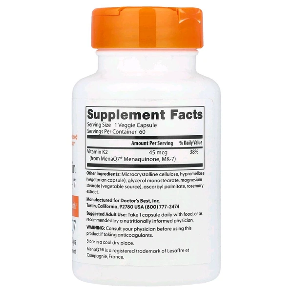 Doctor's Best ,Natural Vitamin K2 MK-7 , 45 mcg, 
 - 60 Veggie Caps