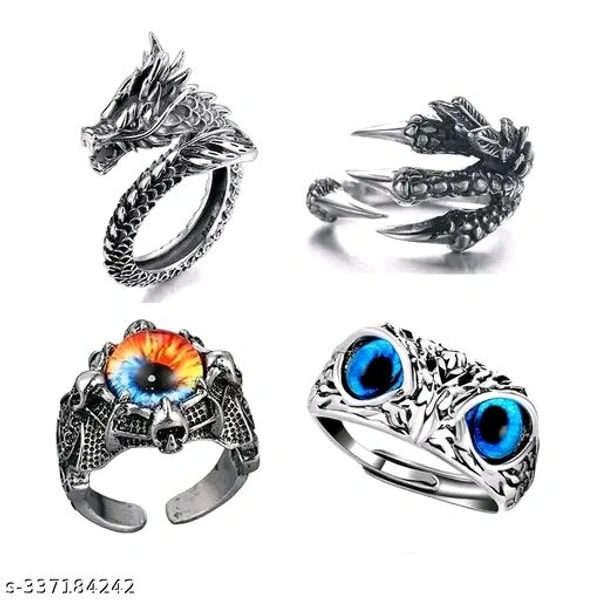 Mens Rings Adjustable Combo | Dragon Ring | Claw Ring For Boys | Stylish Dragon Eye Ring | Men Combo Rings Set | Evil eye owl ring | Dragon Family Combo of Pcs 4