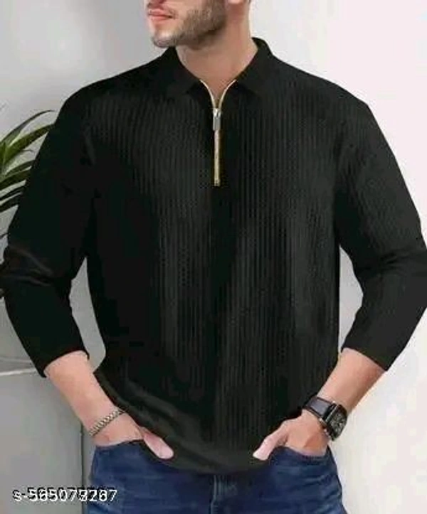 Men Polo Neck Full Sleeve Cotton Blend Regular Tshirt - Black, S