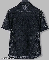 Stylish Crochet Net Half Sleeve Cotton Shirt  - Black, S