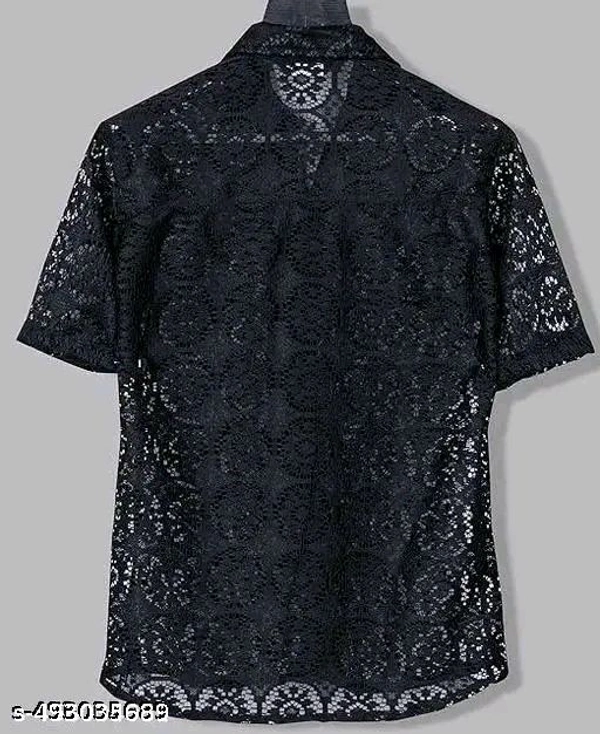 Stylish Crochet Net Half Sleeve Cotton Shirt  - Black, S