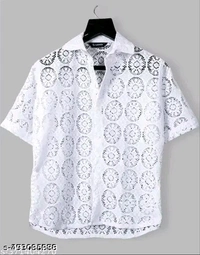 Stylish Crochet Net Half Sleeve Cotton Shirt  - White, M