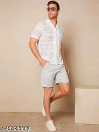 Stylish Crochet Net Half Sleeve Cotton Shirt  - White, M
