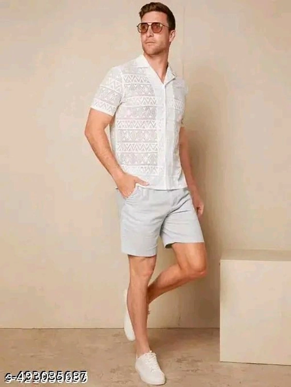 Stylish Crochet Net Half Sleeve Cotton Shirt  - White, M