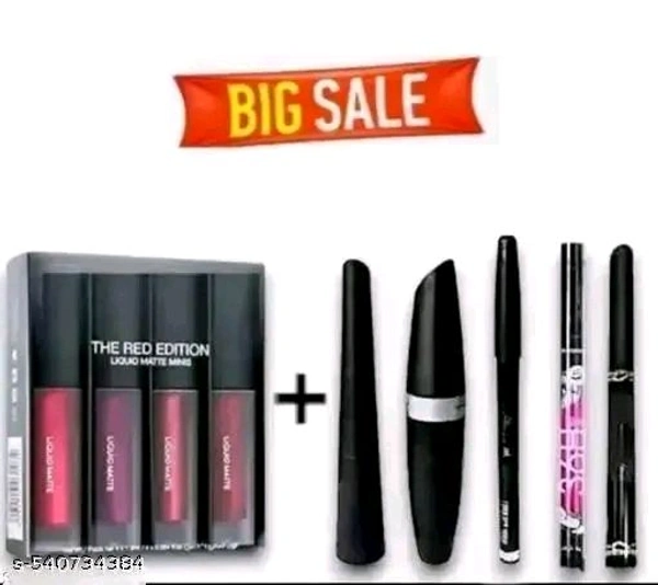 Combo of Red Edition Liquid Matte Mini Lipstick, 6-ml with 3in1 Eyeliner, mascara and Eyebrow Pencil Wi& With kajal ( Pack Of 9 Piece ) / Best Products / Makeup Combo / Premium Combo Of Makeup / Gifts / Fire Lipstick / Trending Lipstick / Trending Edition