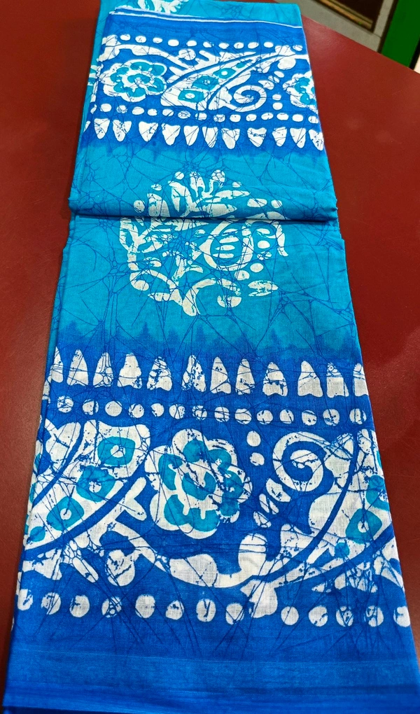 Mul Mul Batik Print Cutton Saree - Royal Blue
