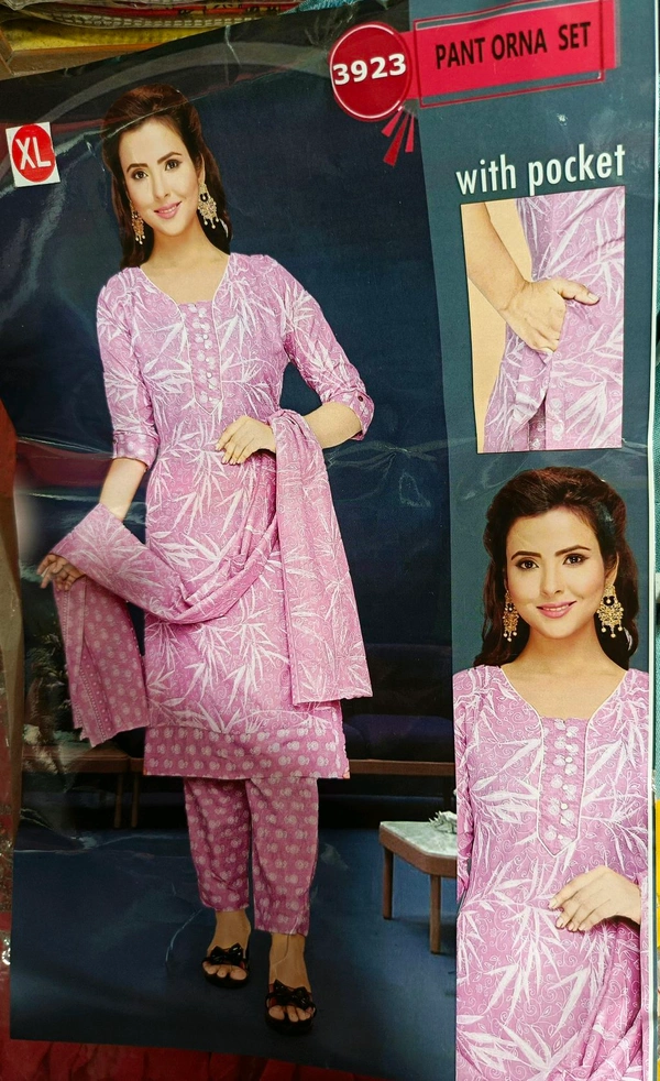 Cotton Kurti Pant & Dupatta  - XL, Mauve