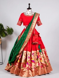 "Red Paithani Jacquard Silk Lehenga Choli Set with Dupatta & Batwa – Bridal Wear with Zari Weaving & Hand Work - LNB2035RED - FREE, RED