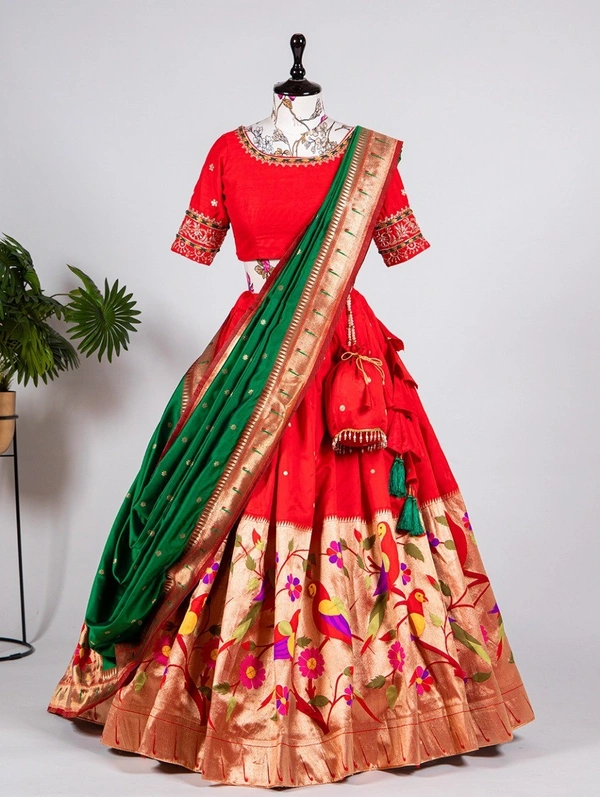 "Red Paithani Jacquard Silk Lehenga Choli Set with Dupatta & Batwa – Bridal Wear with Zari Weaving & Hand Work - LNB2035RED - FREE, RED