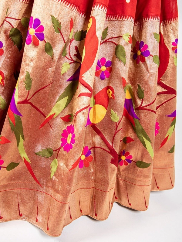 "Red Paithani Jacquard Silk Lehenga Choli Set with Dupatta & Batwa – Bridal Wear with Zari Weaving & Hand Work - LNB2035RED - FREE, RED