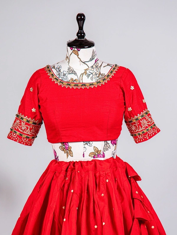"Red Paithani Jacquard Silk Lehenga Choli Set with Dupatta & Batwa – Bridal Wear with Zari Weaving & Hand Work - LNB2035RED - FREE, RED