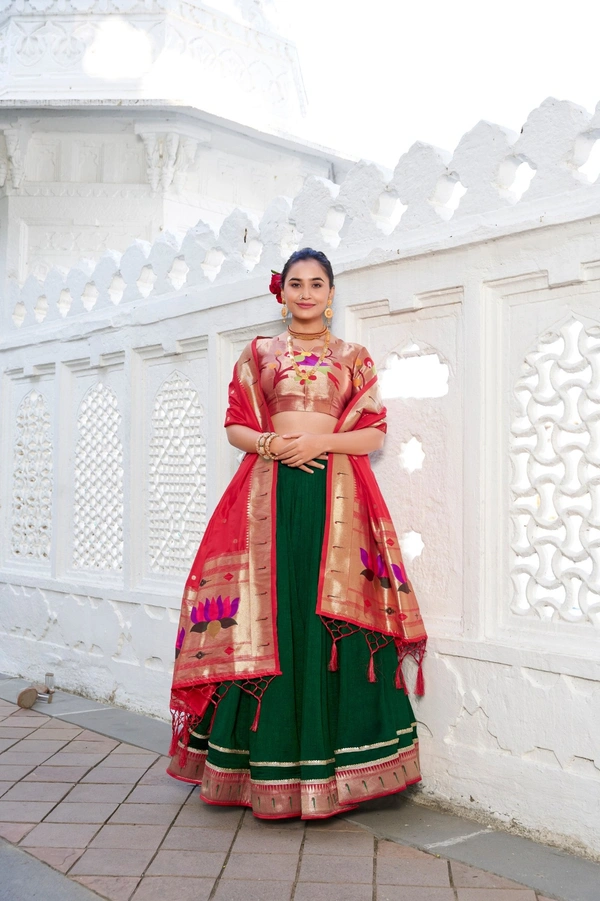 "Paithani Vichitra Silk Lehenga Choli with Jacquard Zari Dupatta – LNB2016GRN" - FREE, GREEN