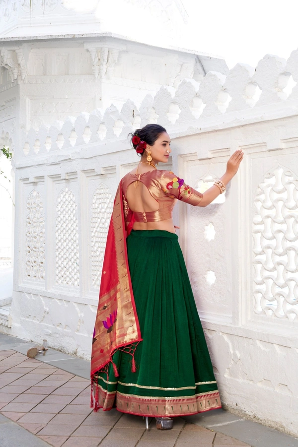 "Paithani Vichitra Silk Lehenga Choli with Jacquard Zari Dupatta – LNB2016GRN" - FREE, GREEN