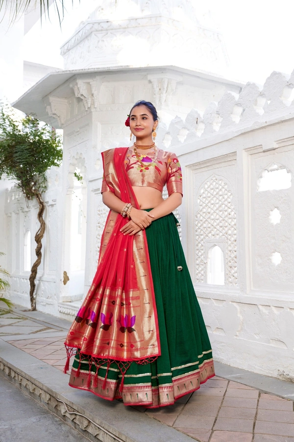"Paithani Vichitra Silk Lehenga Choli with Jacquard Zari Dupatta – LNB2016GRN" - FREE, GREEN