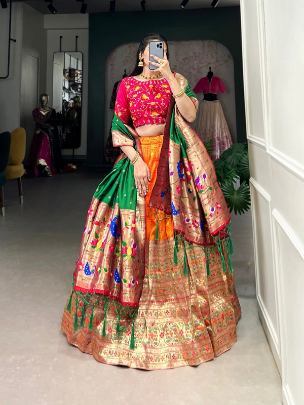 "Paithani Jacquard Zari Woven Lehenga Choli Set with Embroidered Banglory Blouse & Dupatta – LNB2027ONG" - FREE, ORANGE