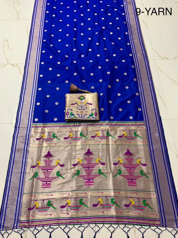 "9 Yard Pure Kanchivaram Pathani Silk Saree � Original Zari, Peacock Design, Minakari Border & Brocket Blouse" - 9 mt, Blue