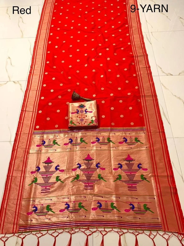 "9 Yard Pure Kanchivaram Pathani Silk Saree � Original Zari, Peacock Design, Minakari Border & Brocket Blouse" - 9 mt, Red