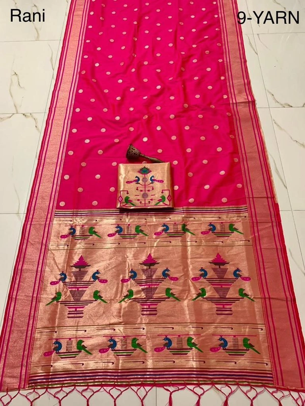"9 Yard Pure Kanchivaram Pathani Silk Saree � Original Zari, Peacock Design, Minakari Border & Brocket Blouse" - 9 mt, Rani