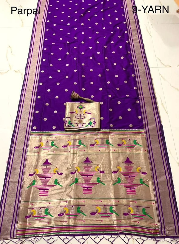 "9 Yard Pure Kanchivaram Pathani Silk Saree � Original Zari, Peacock Design, Minakari Border & Brocket Blouse" - 9 mt, Purple