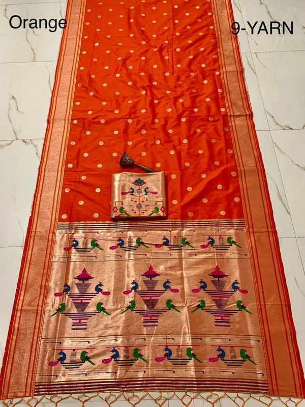 "9 Yard Pure Kanchivaram Pathani Silk Saree � Original Zari, Peacock Design, Minakari Border & Brocket Blouse" - 9 mt, Orange