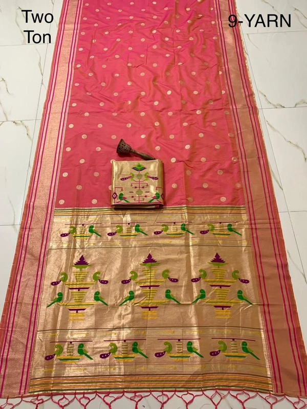 "9 Yard Pure Kanchivaram Pathani Silk Saree � Original Zari, Peacock Design, Minakari Border & Brocket Blouse" - 9 mt, Two Ton