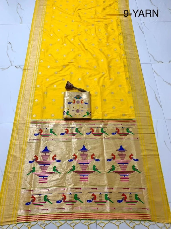 "9 Yard Pure Kanchivaram Pathani Silk Saree � Original Zari, Peacock Design, Minakari Border & Brocket Blouse" - 9 mt, Yellow