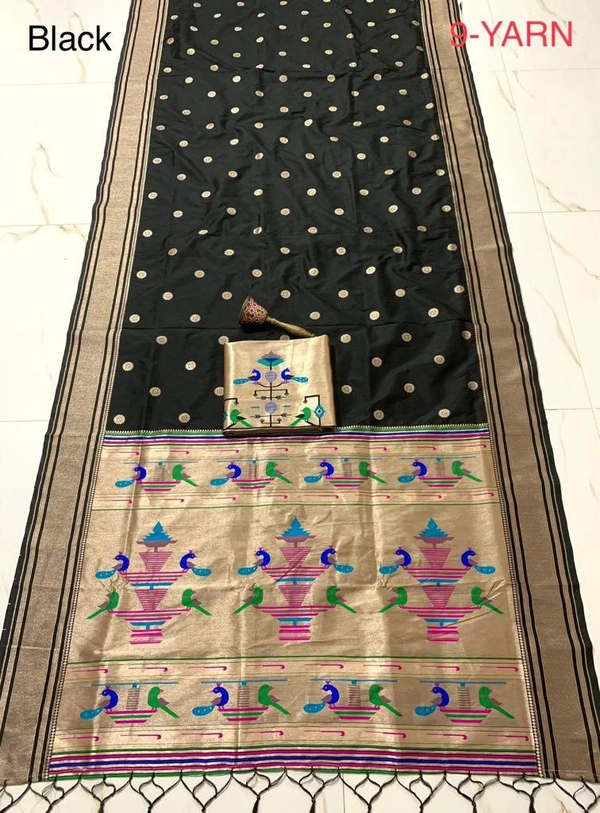 "9 Yard Pure Kanchivaram Pathani Silk Saree � Original Zari, Peacock Design, Minakari Border & Brocket Blouse" - 9 mt, Black