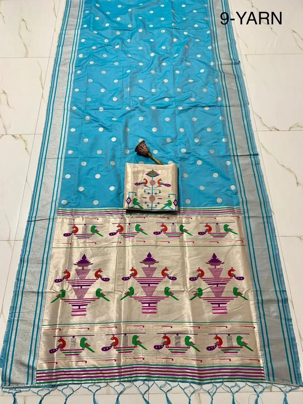 "9 Yard Pure Kanchivaram Pathani Silk Saree � Original Zari, Peacock Design, Minakari Border & Brocket Blouse" - 9 mt, Light Blue