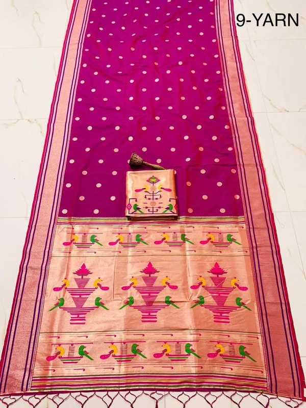 "9 Yard Pure Kanchivaram Pathani Silk Saree � Original Zari, Peacock Design, Minakari Border & Brocket Blouse" - 9 mt, Light Magenta