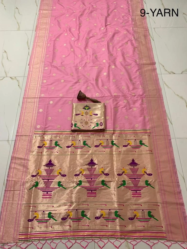 "9 Yard Pure Kanchivaram Pathani Silk Saree � Original Zari, Peacock Design, Minakari Border & Brocket Blouse" - 9 mt, Light Pink