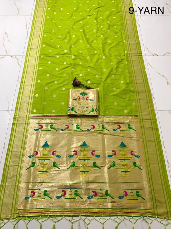 "9 Yard Pure Kanchivaram Pathani Silk Saree � Original Zari, Peacock Design, Minakari Border & Brocket Blouse" - 9 mt, Lime Green