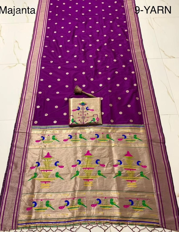 "9 Yard Pure Kanchivaram Pathani Silk Saree � Original Zari, Peacock Design, Minakari Border & Brocket Blouse" - 9 mt, majanta