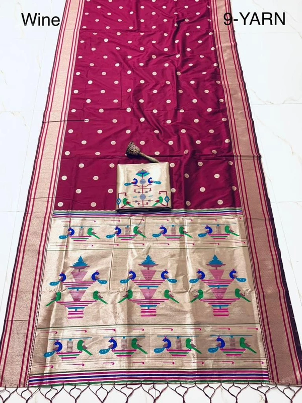 "9 Yard Pure Kanchivaram Pathani Silk Saree � Original Zari, Peacock Design, Minakari Border & Brocket Blouse" - 9 mt, Wine